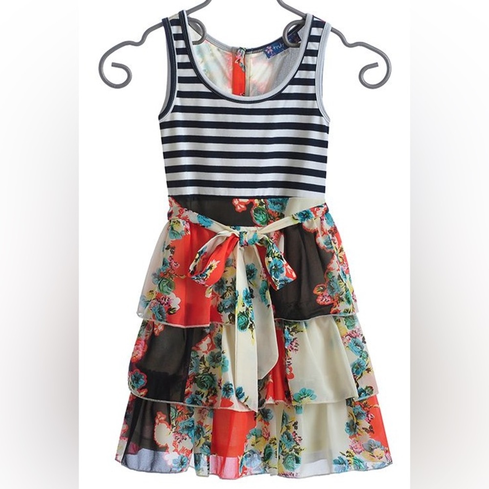 Truly Me Black and White Sleeveless Dress with Floral Ruffles